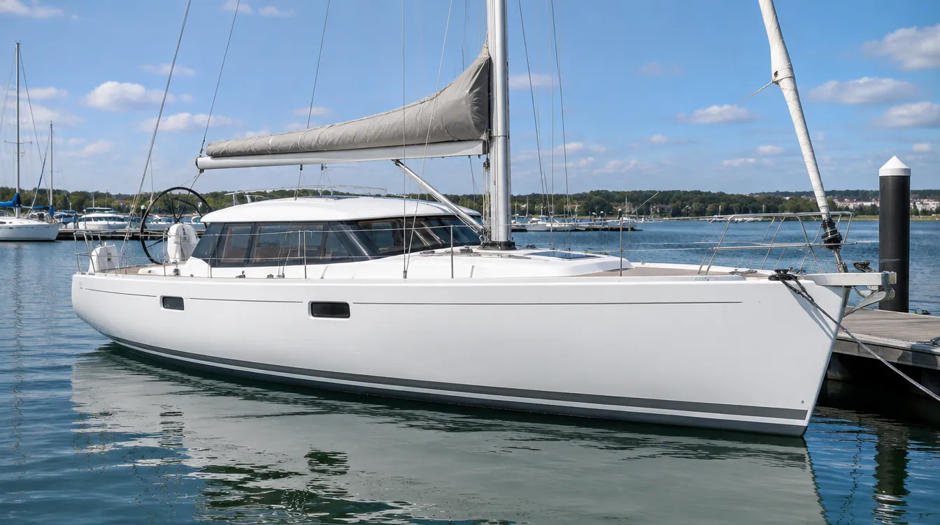 Fahrtenyacht mit erhöhtem Decksalon und großen Fenstern am Steg einer Marina.