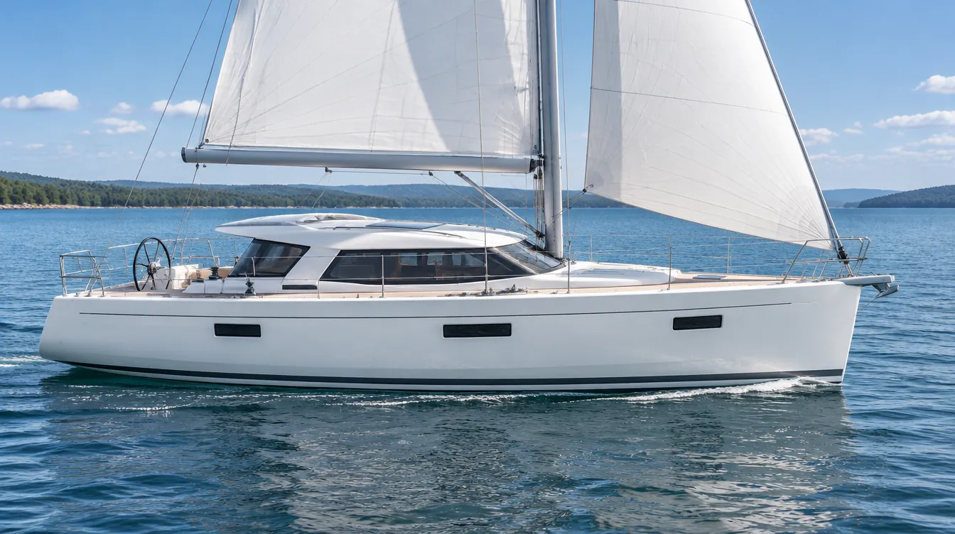 Fahrtenyacht von 14 Metern mit erhöhtem Salon und Rundumfenstern unter Segeln.