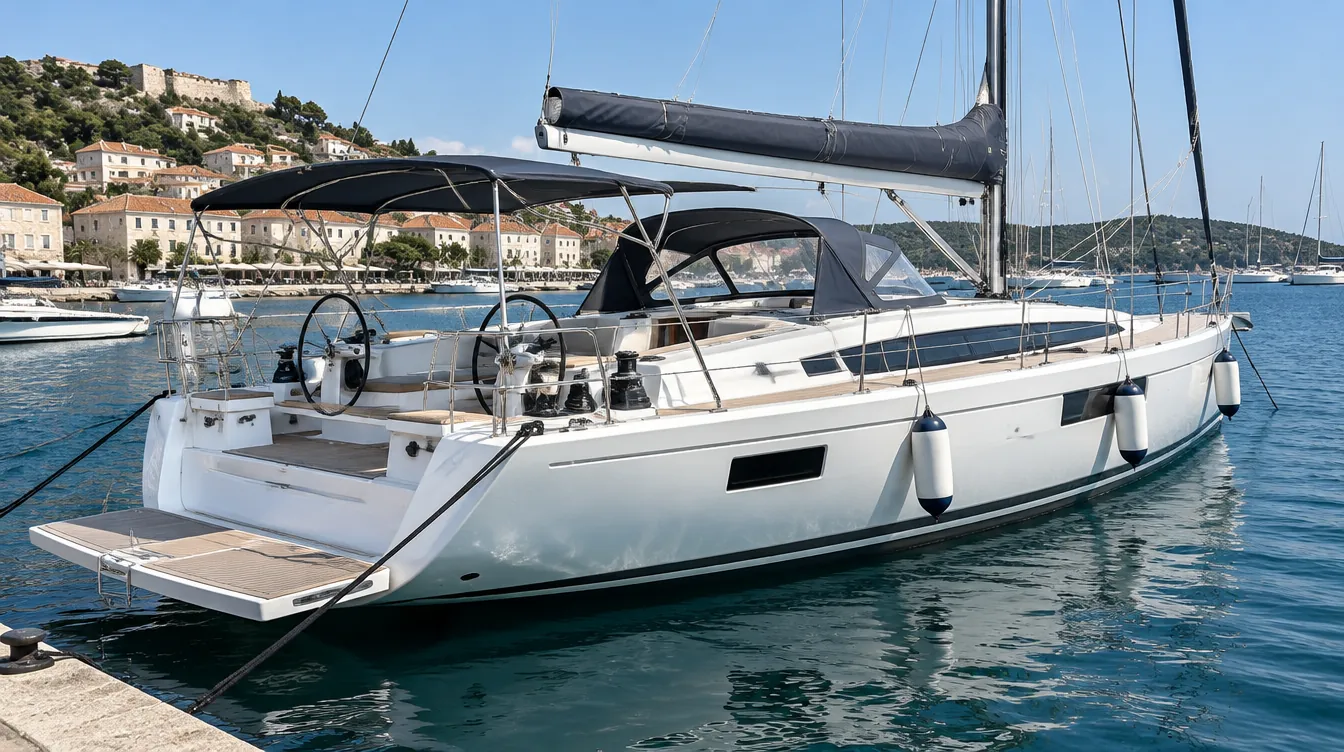 Große Fahrtenyacht von 15 Metern mit zwei Steuerrädern, Heck zum Kai im Mittelmeerhafen.