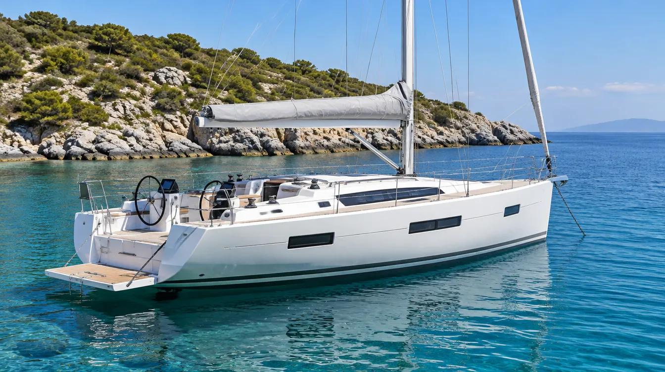 Große moderne Fahrtenyacht mit Rumpffenstern und zwei Steuerrädern vor Anker an einer Felsinsel.