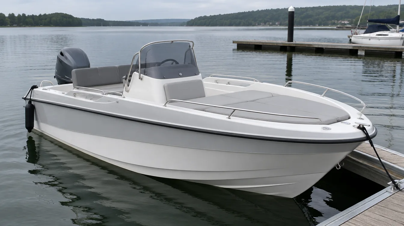 Quicksilver Activ 505 Open: offenes Boot mit Mittelkonsole, Liegefläche am Bug und Außenborder am Steg eines Sees.