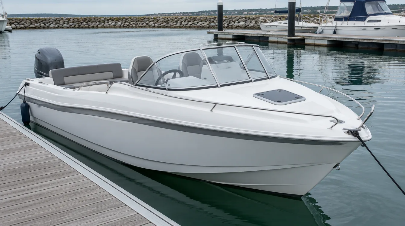 Quicksilver Activ 555 Cabin: kleines Kajütboot mit Windschutzscheibe, offenem Steuerstand und Außenborder in einer Marina.