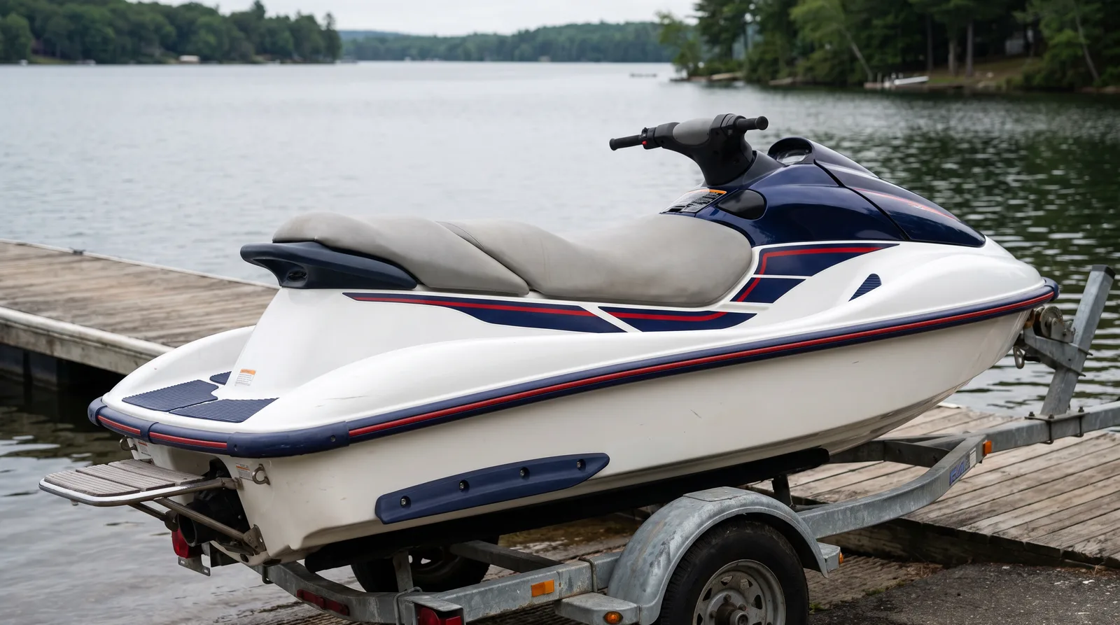 Freizeitjetski in Weiß mit dunkelblauen und roten Streifen auf einem Trailer am Steg.