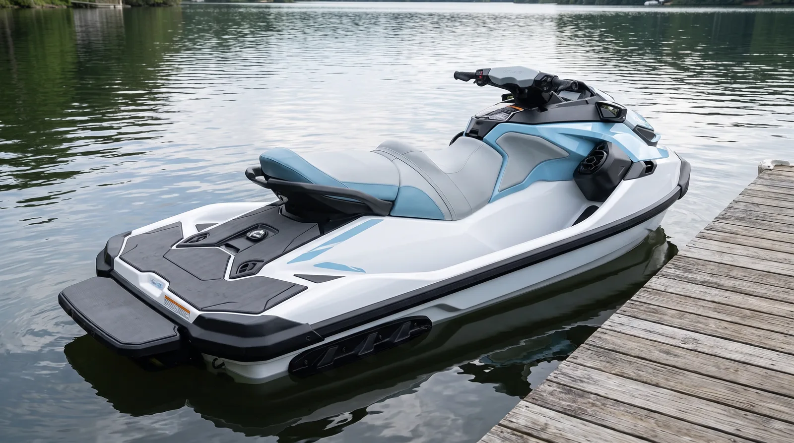 Moderner weißer Freizeitjetski mit hellblauen Akzenten und breiter Badeplattform am Holzsteg.