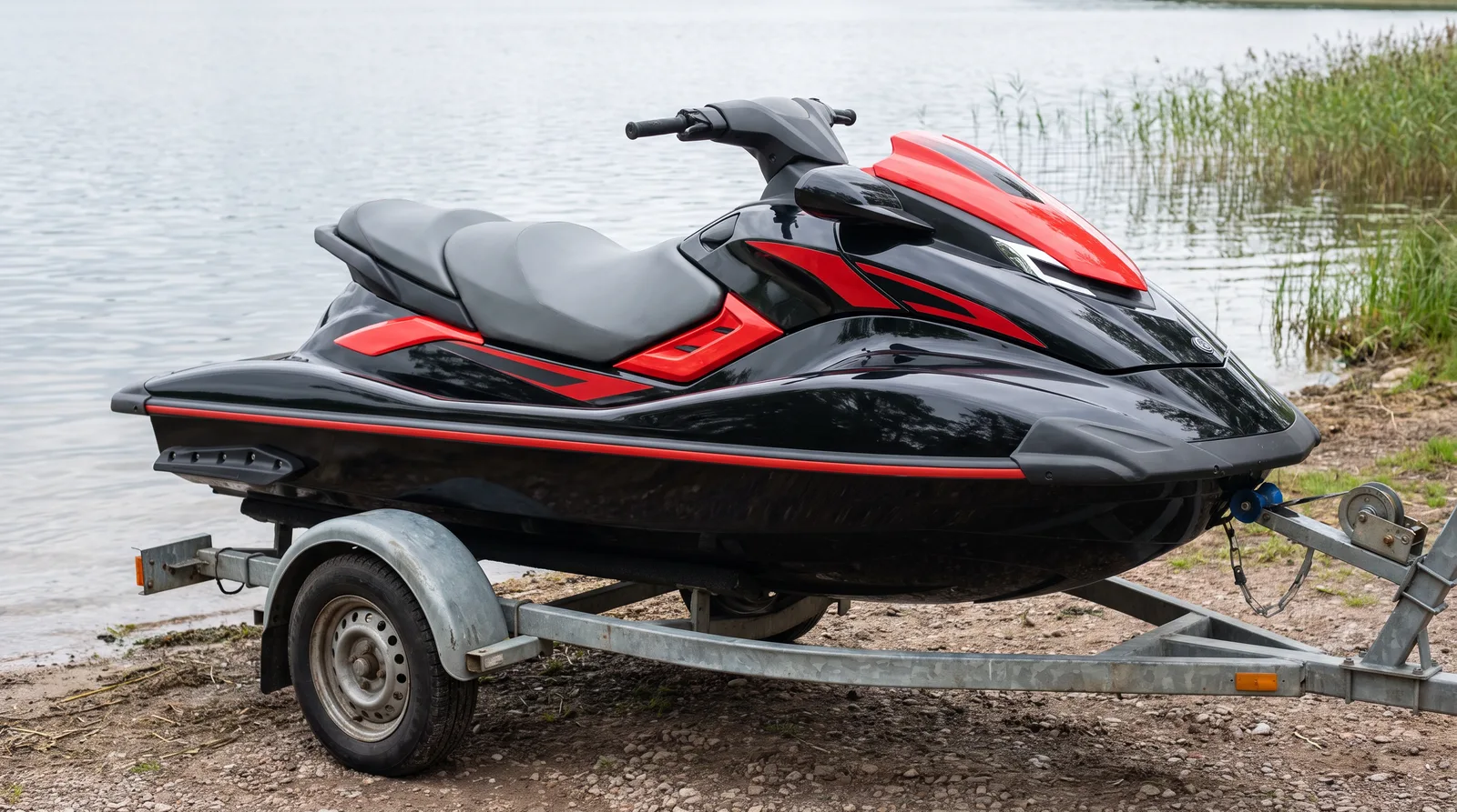 Jetski in Schwarz mit roten Akzenten auf einem Trailer am Seeufer.
