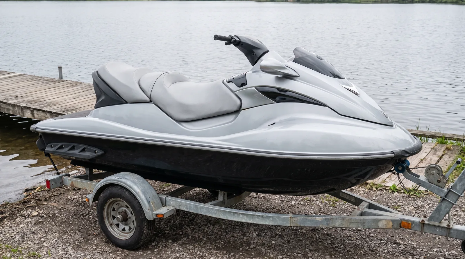 Großer Tourenjetski in Silber und Schwarz auf einem Trailer am Steg.