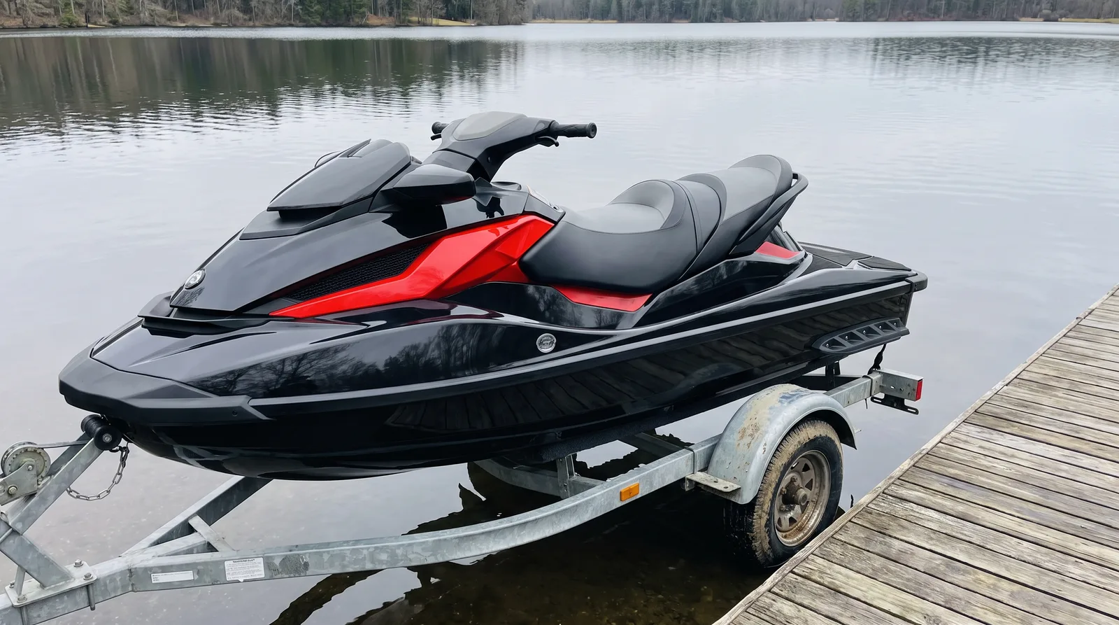 Großer Tourenjetski in Schwarz mit roten Akzenten auf einem Trailer am Steg.