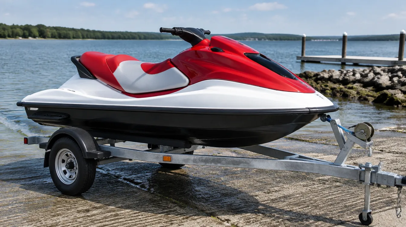 Sport-Jetski um 2000 in Rot und Weiß auf dem Trailer.