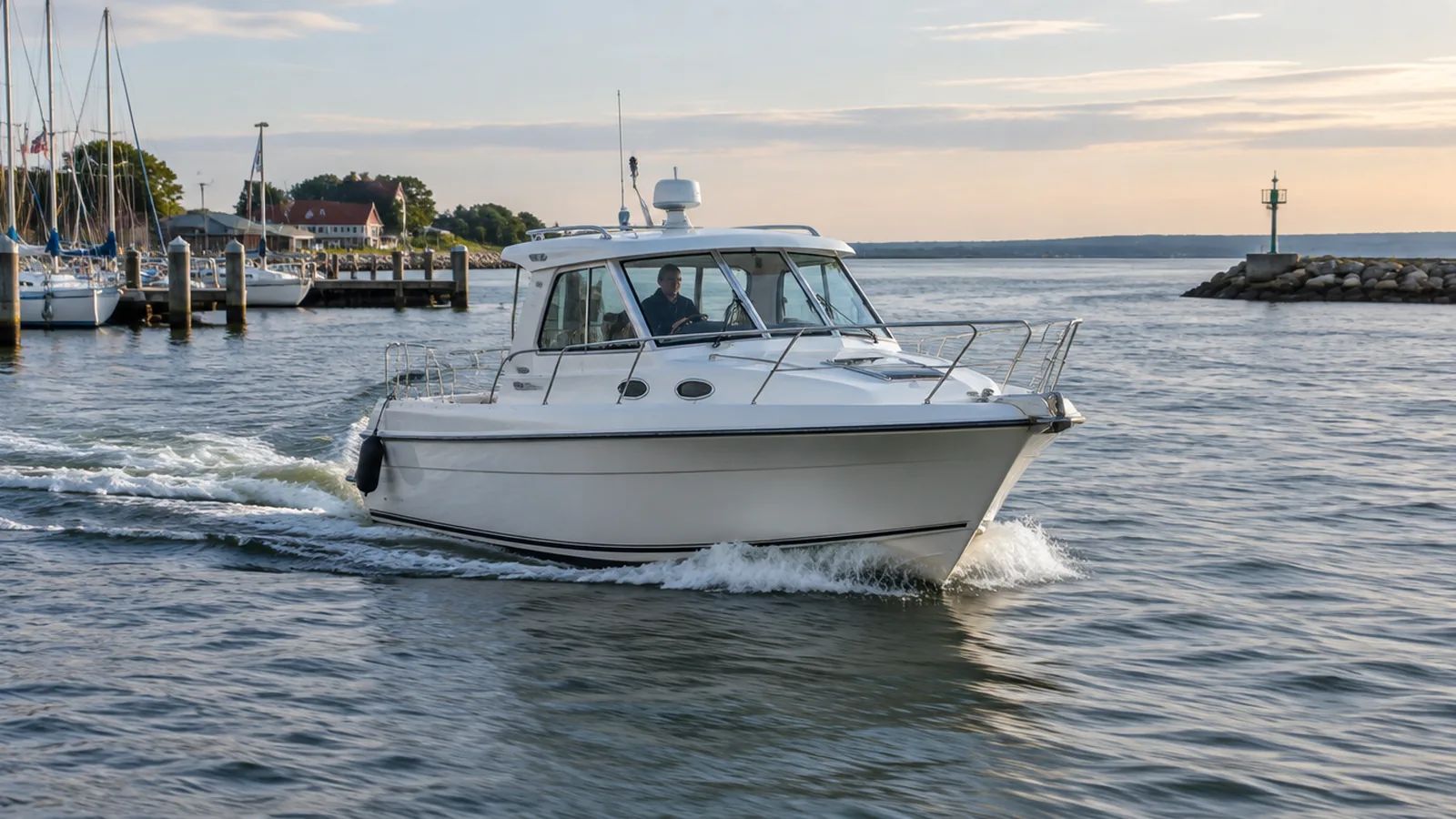 Motorboot mit Steuerhaus beim Auslaufen aus dem Hafen