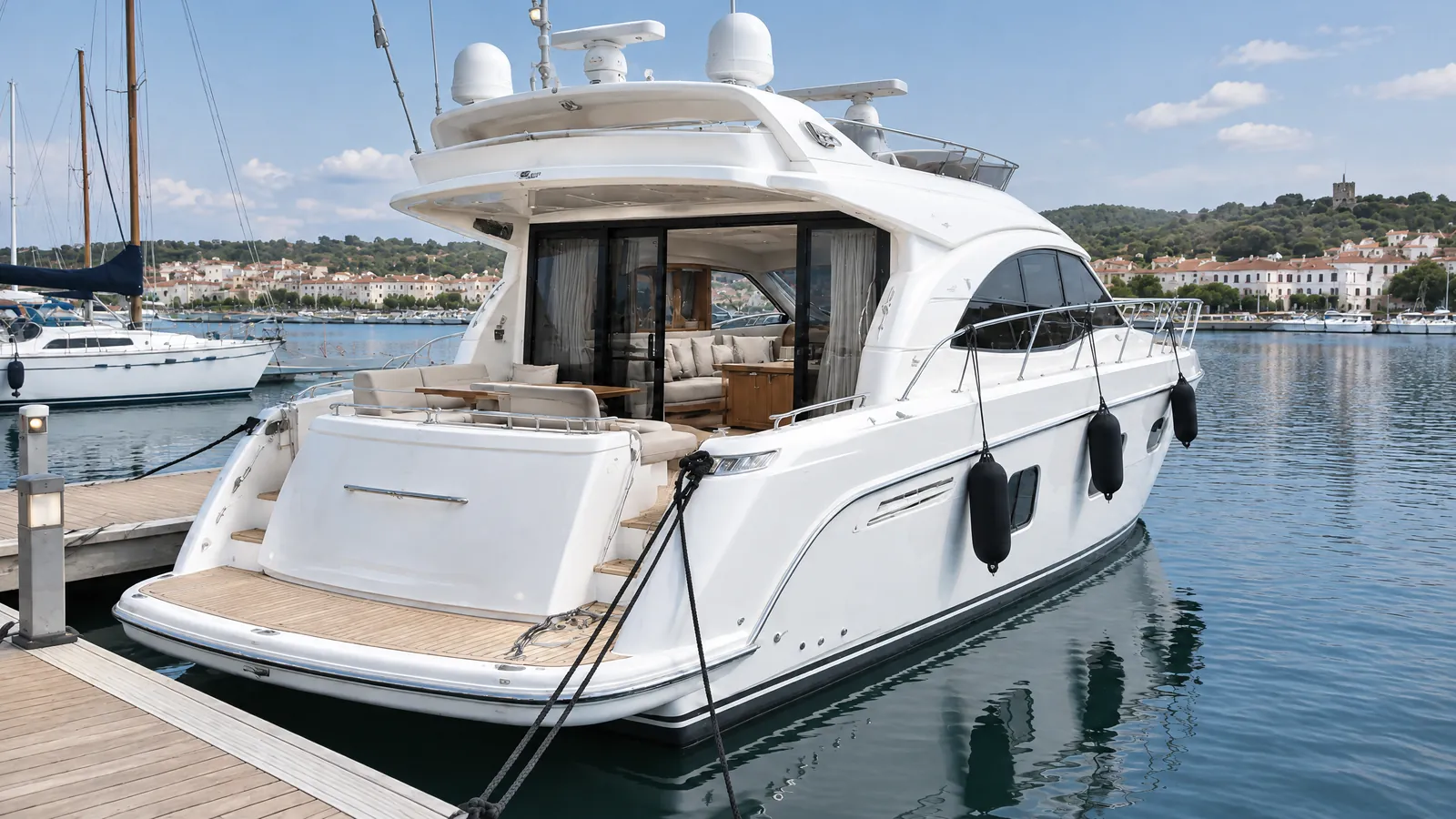 Flybridge-Yacht am Steg zur blauen Stunde, Salon erleuchtet