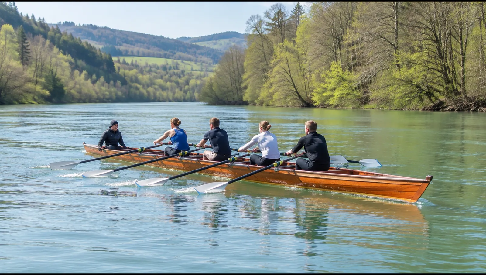 Ein Gig-Doppelvierer mit Steuerfrau rudert flussabwärts auf einem breiten Fluss, Passau