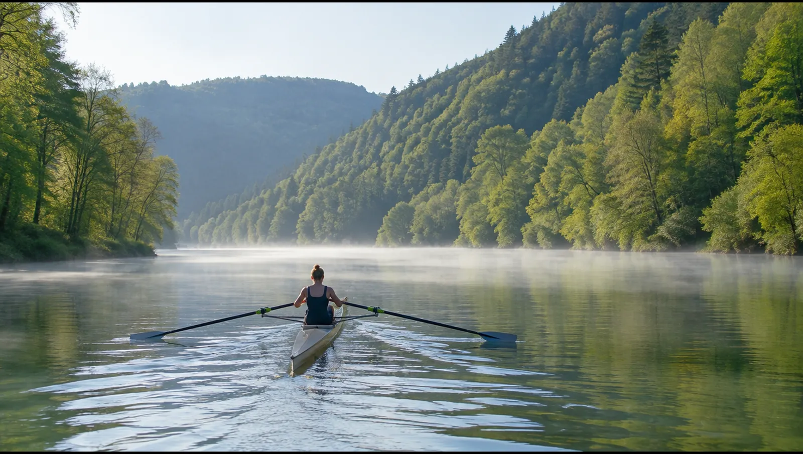 Ein Einer im Rennen auf einem Fluss zwischen bewaldeten Hängen, Heidelberg