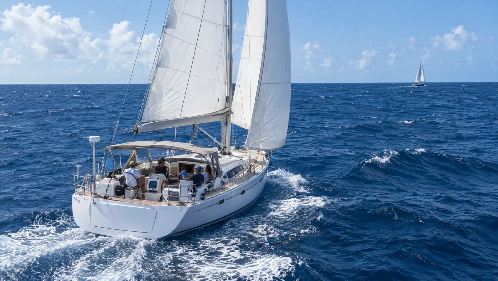 Fahrtenyacht segelt im Passat vor dem Wind über den Atlantik