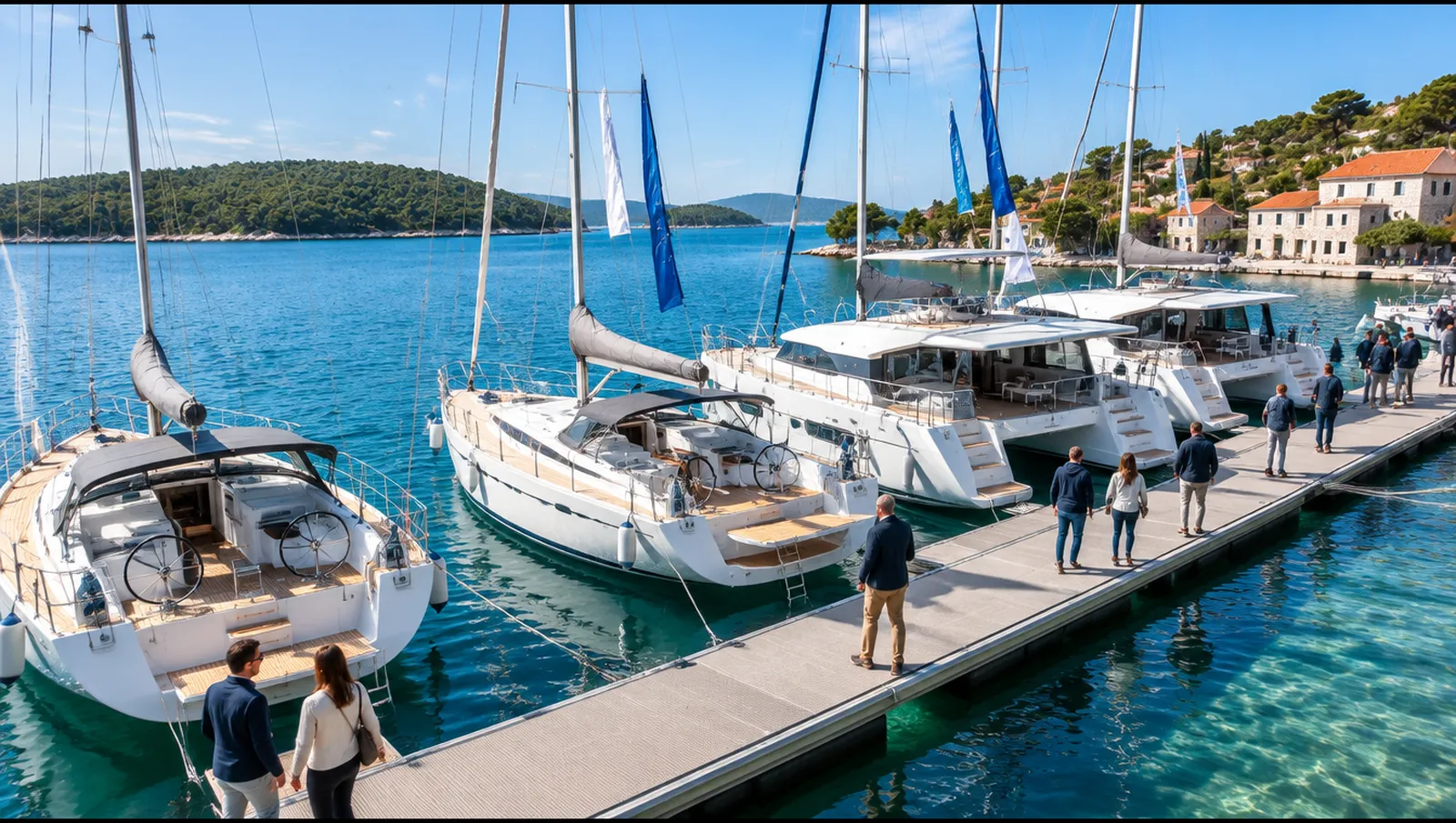 Segelyachten und Katamarane liegen an den Stegen einer Bootsmesse in einer Adria-Marina, Biograd na Moru
