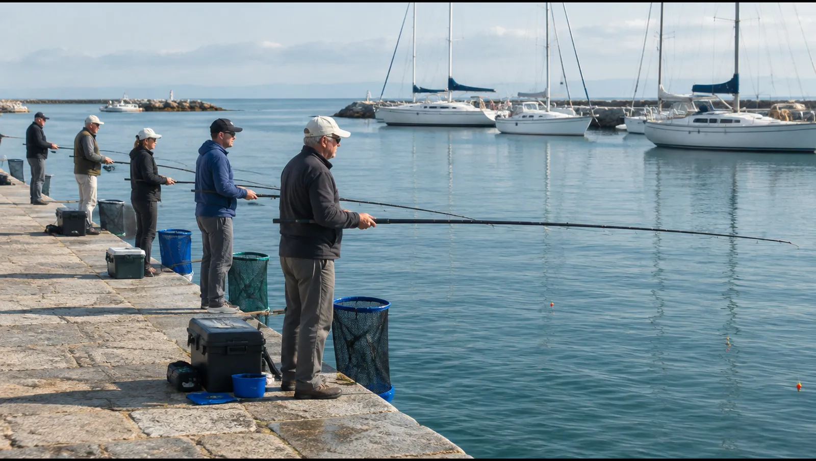 Angler mit langen Posenruten an einer Kaimauer im Hafen am Morgen, Valencia