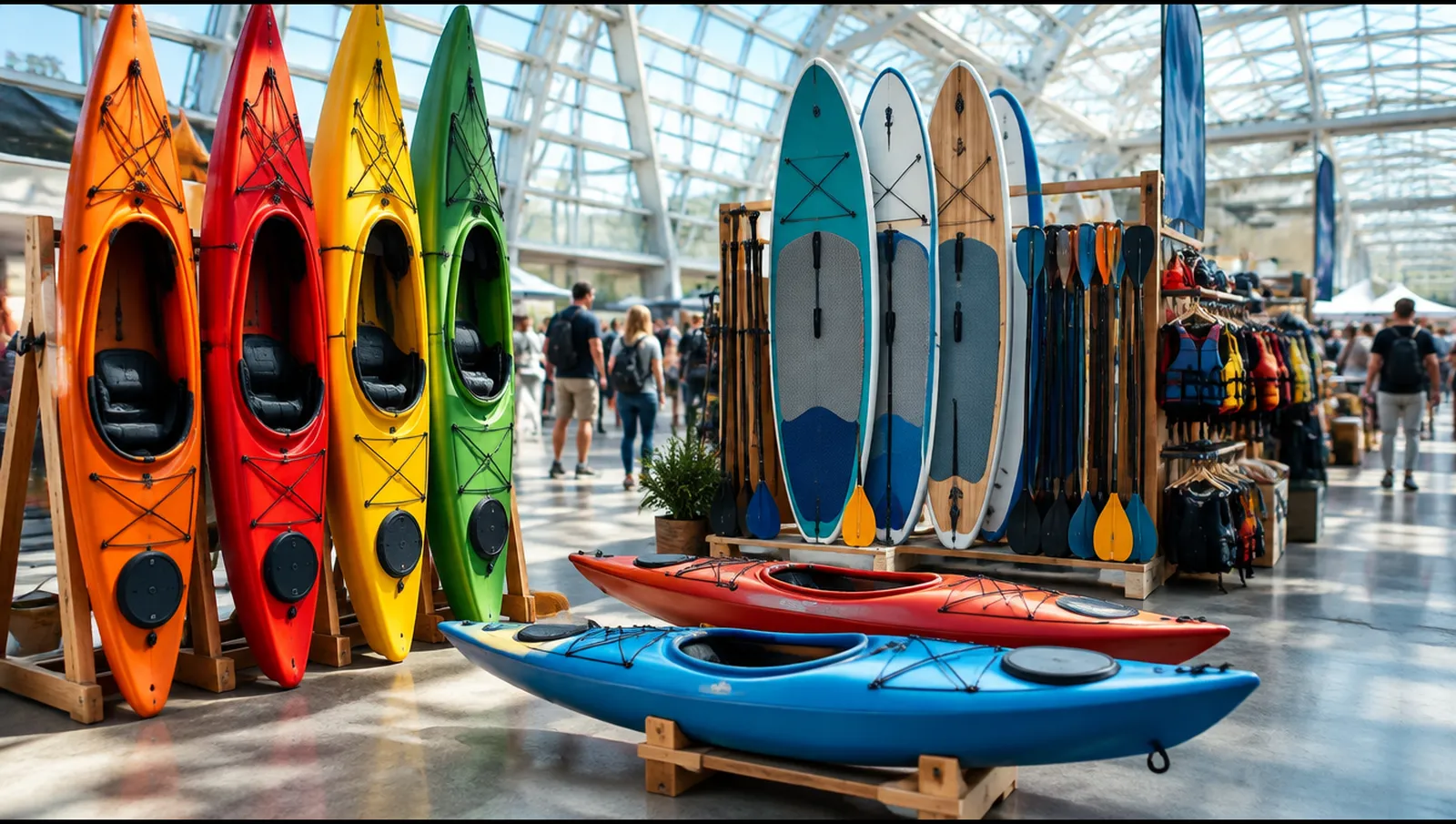 Kajaks und Stand-up-Paddleboards stehen auf einem Messestand in einer lichtdurchfluteten Halle, München