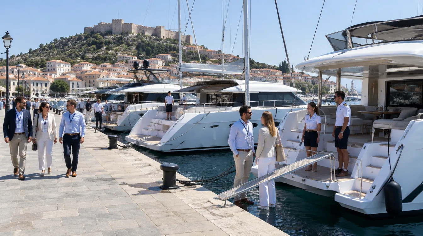Motoryachten und Katamarane liegen am Kai eines griechischen Hafens, Charterbroker sprechen mit der Crew, Nafplio