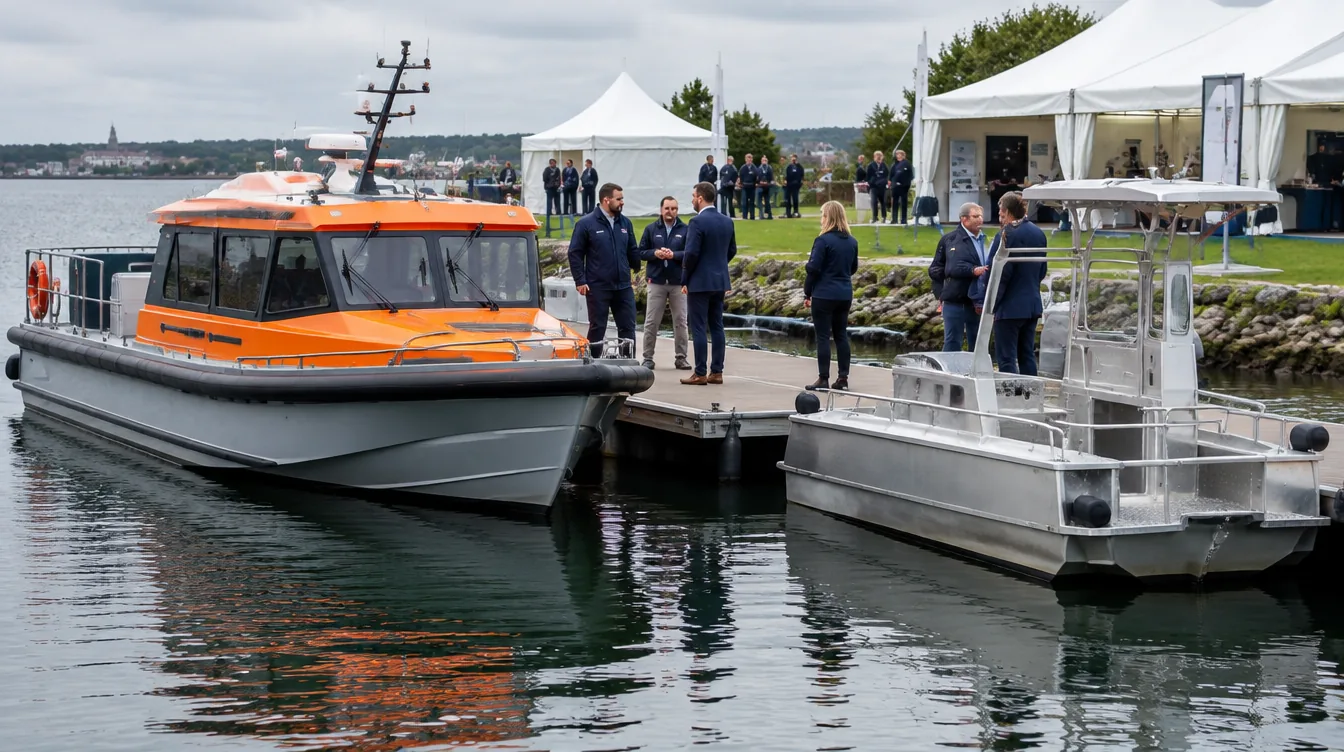 Lotsenboot und Arbeitsboot an Schwimmstegen einer Fachmesse am Wasser, Aussteller im Gespräch mit Besuchern, Southampton