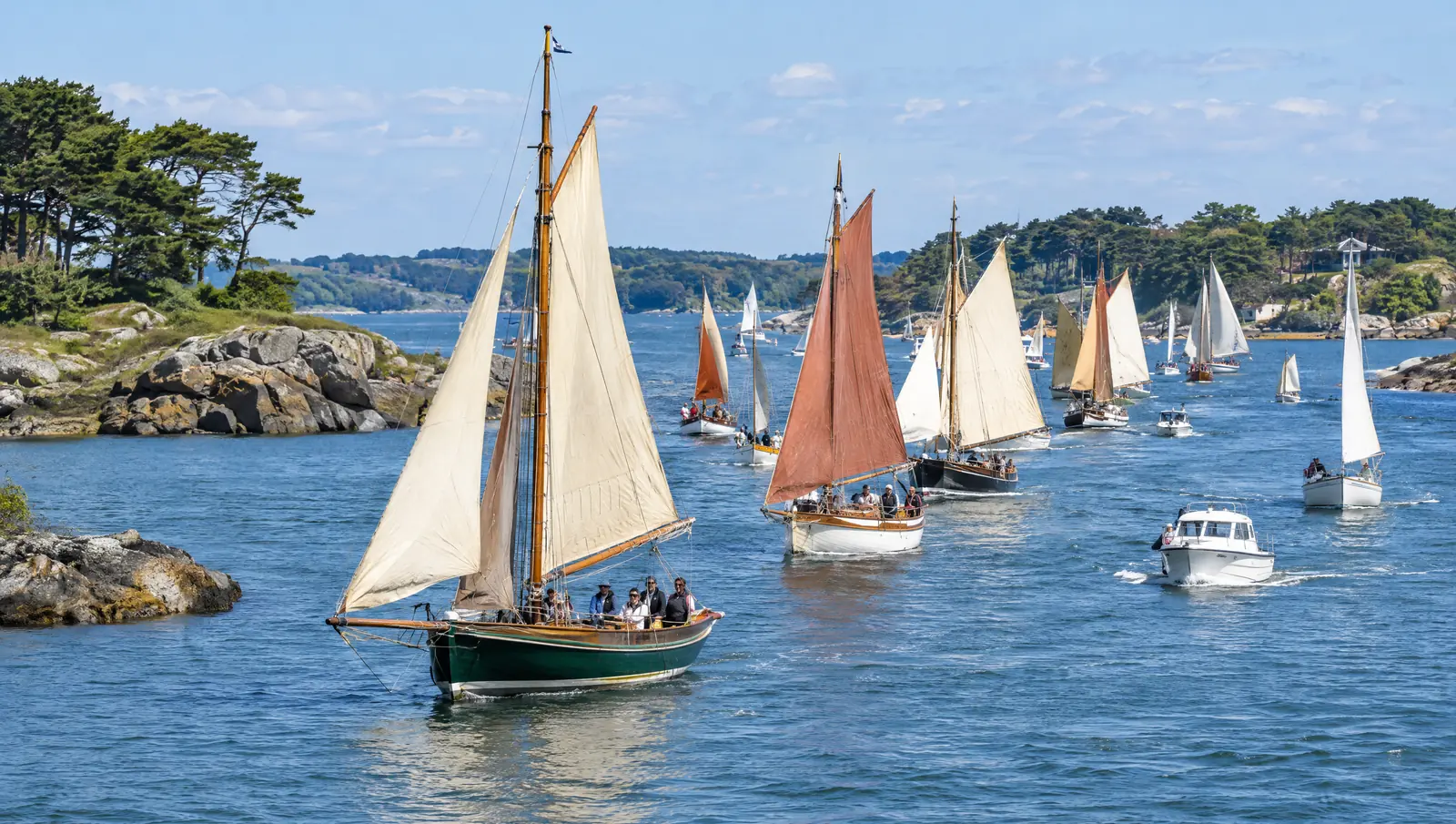 Traditionsboote und Fahrtenyachten segeln gemeinsam zwischen den Inseln des Golfs von Morbihan