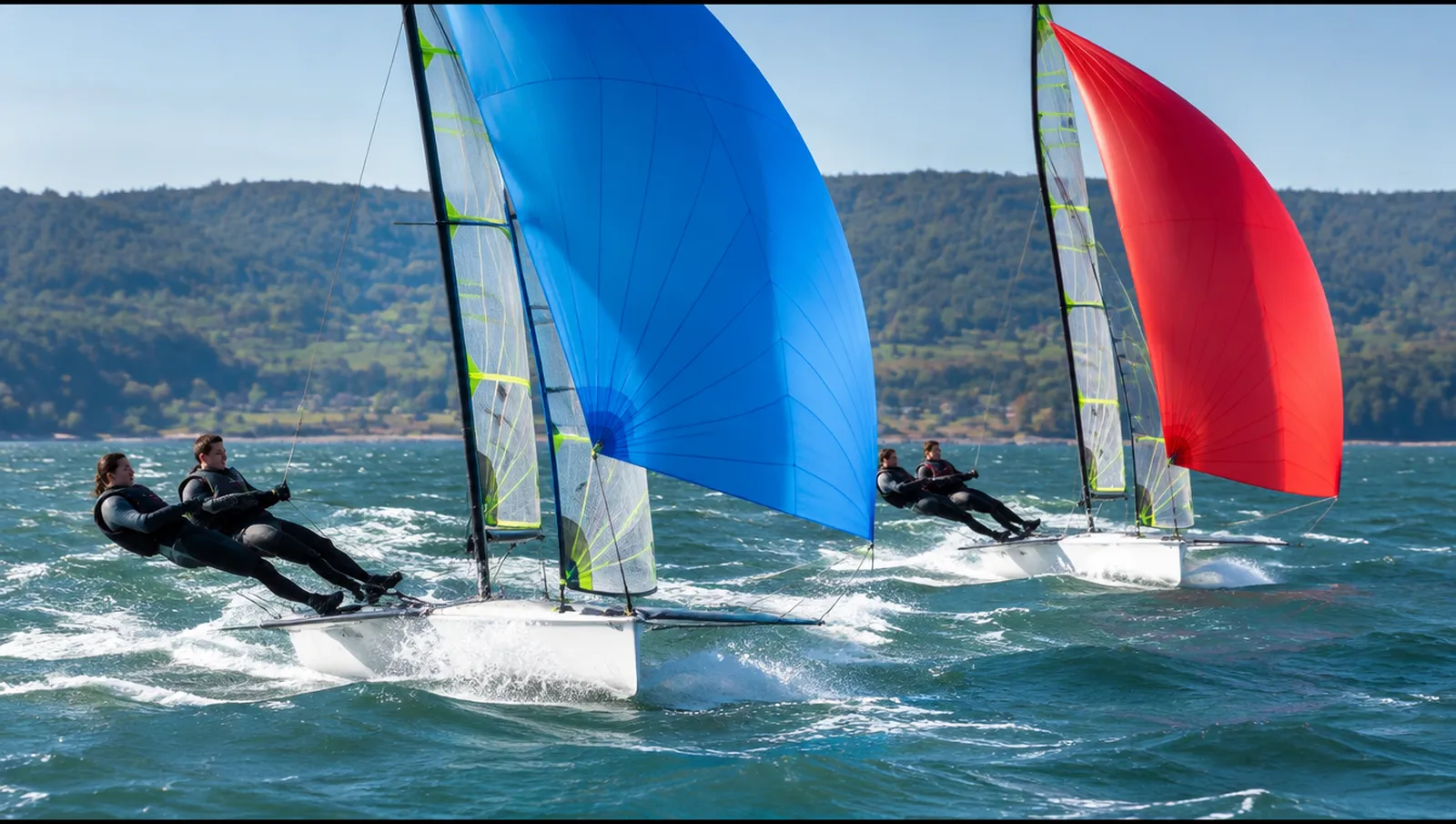 Zwei olympische Skiffs gleiten mit Gennaker im Trapez über eine Atlantikbucht, Galicia