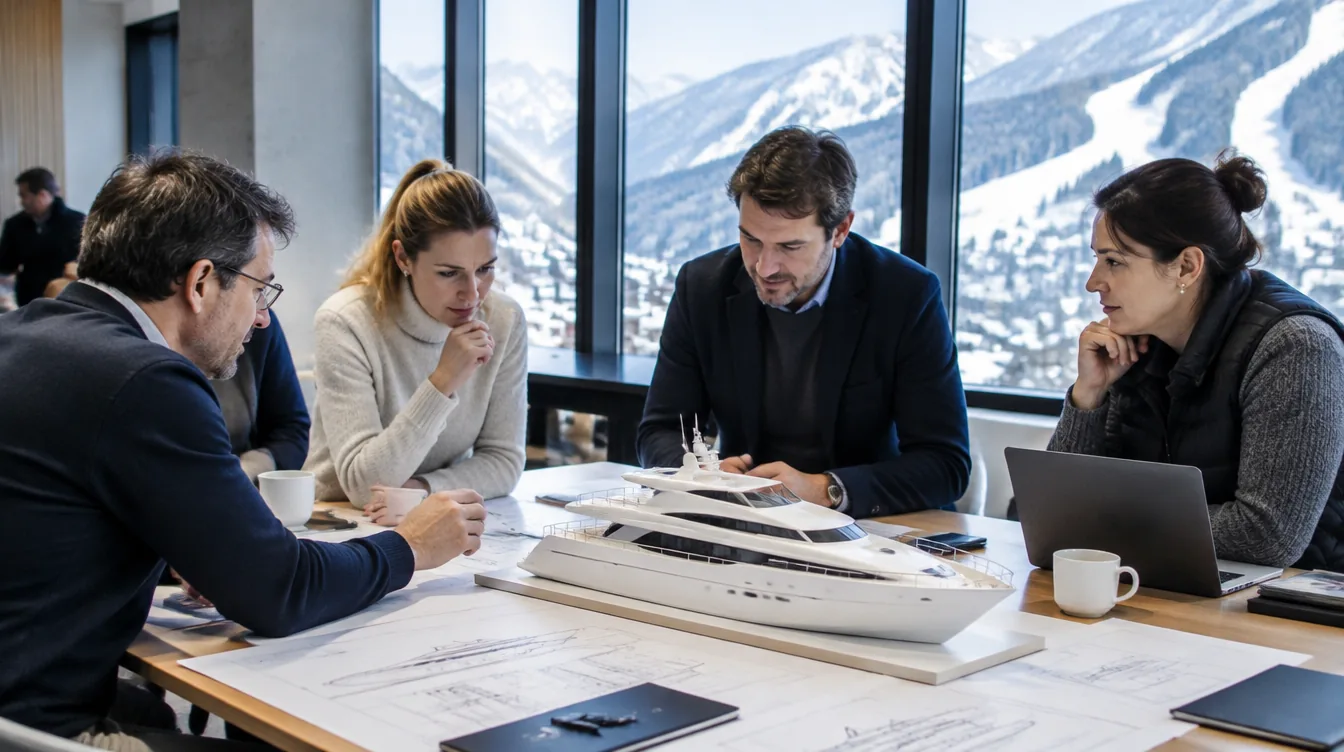 Yachtdesigner besprechen an einem Tisch Zeichnungen und ein weißes Modell einer Superyacht, hinter den Fenstern verschneite Berge, Kitzbühel