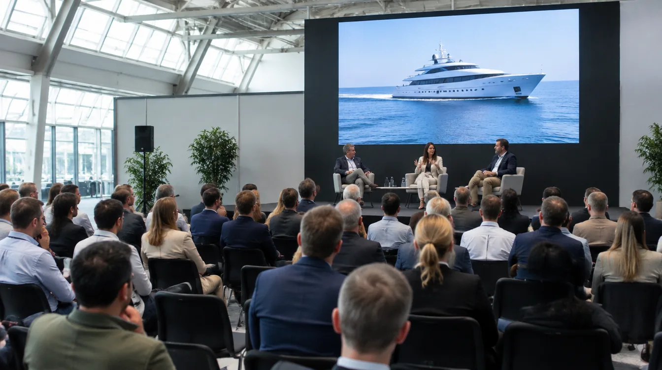 Publikum in einem Konferenzsaal einer Messehalle hört einer Gesprächsrunde zu, auf der Leinwand eine Superyacht, Amsterdam