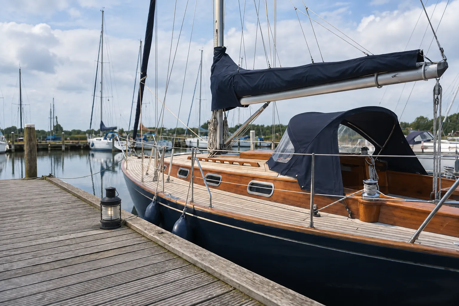 Holzsegelboot nachts am Steg, eine Laterne auf den Planken
