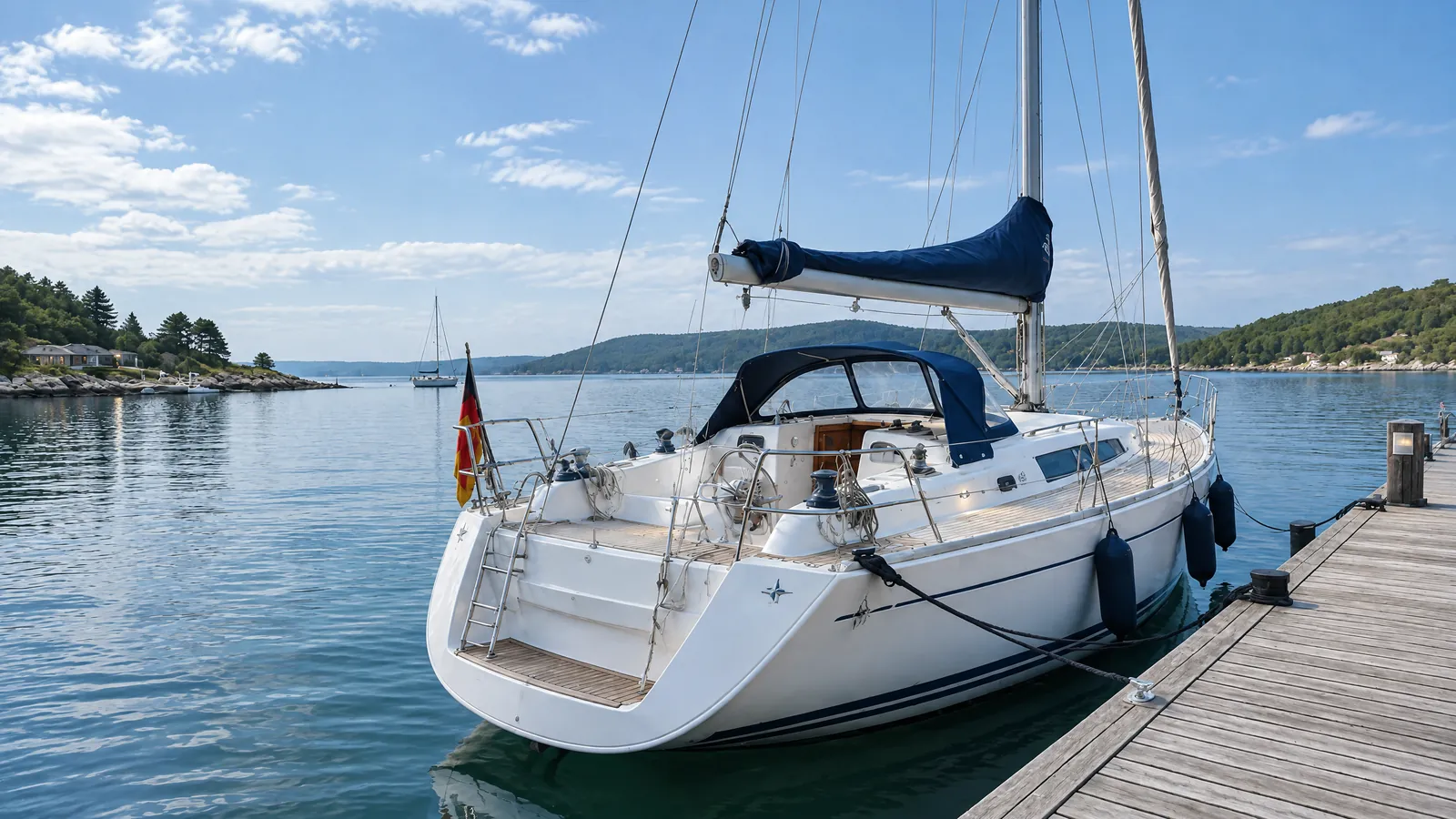 Segelyacht am Steg nach Sonnenuntergang, Cockpitbeleuchtung an
