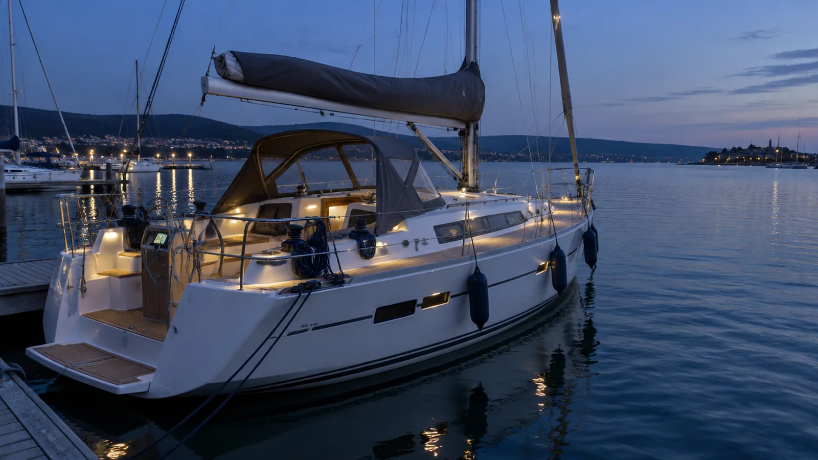 Segelyacht in der blauen Stunde am Steg