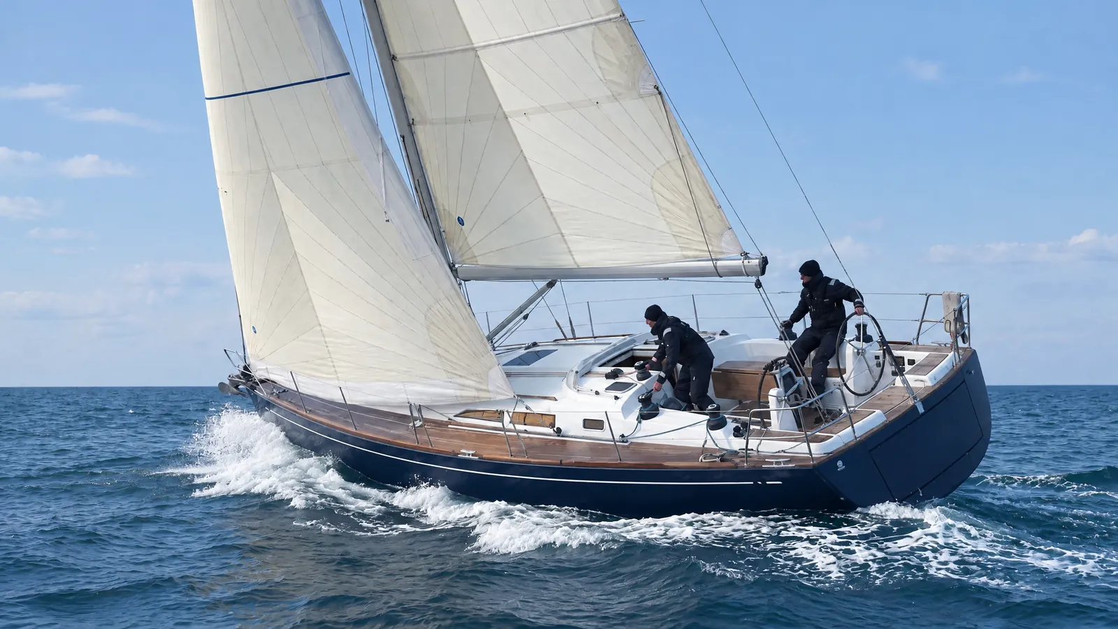 Segelyacht unter vollen Segeln in der Dämmerung, zwei Segler an Deck