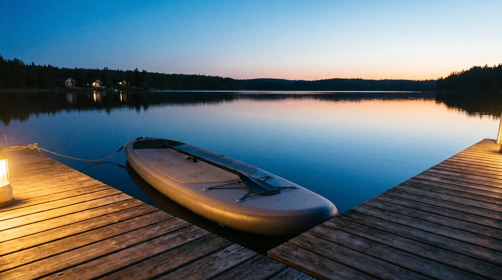 Stand-up-Paddleboard am Holzsteg eines Sees zur blauen Stunde