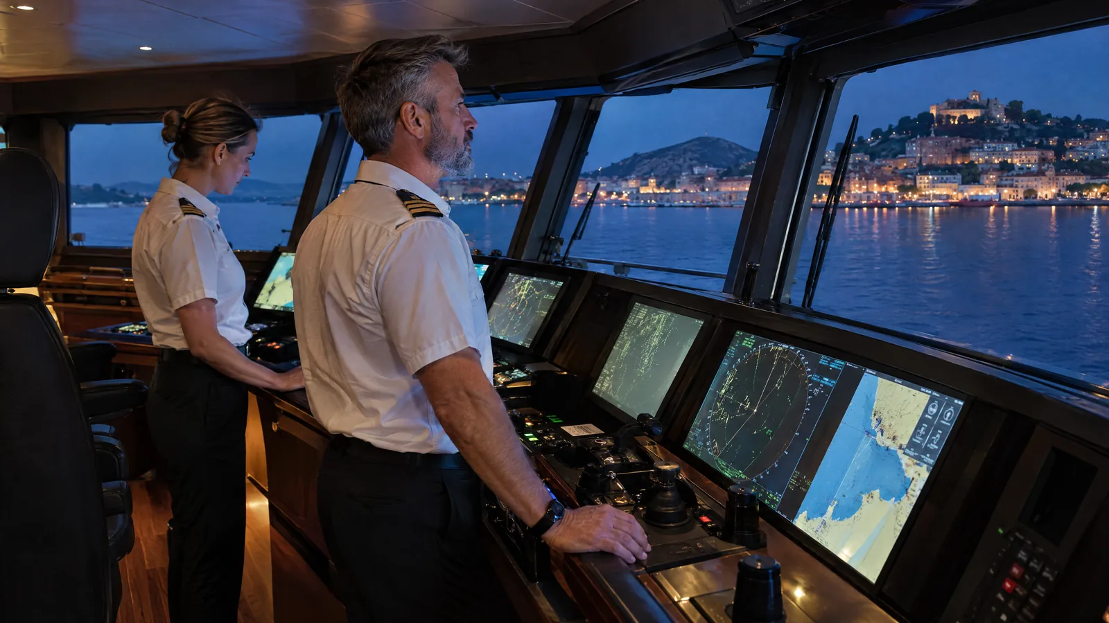 Kapitän und Offizierin auf der Brücke einer großen Yacht in der Abenddämmerung