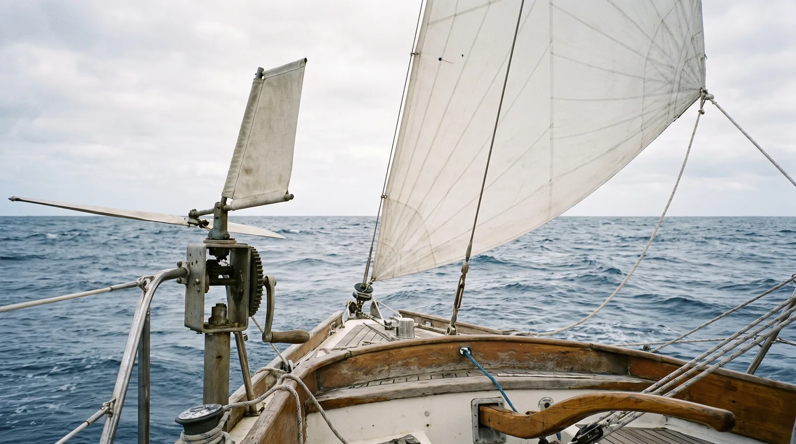 Fahrtenyacht mit Windfahnensteuerung und ausgebaumtem Vorsegel in langer Atlantikdünung