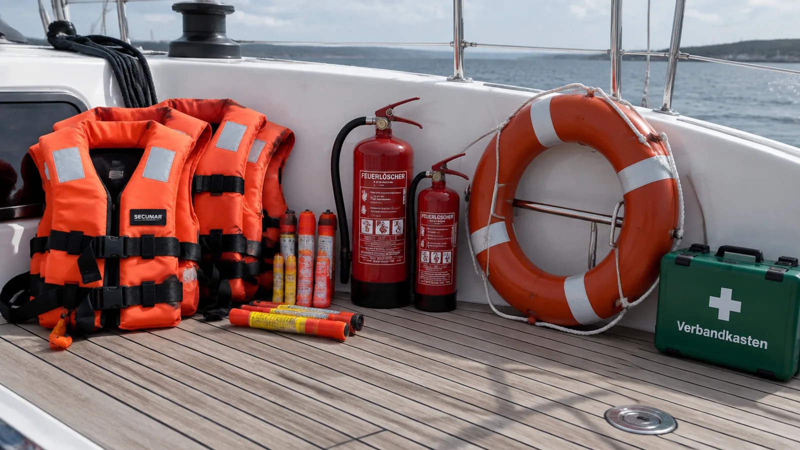 Sicherheitsausrüstung liegt an Deck ausgebreitet: Rettungswesten, Signalmittel, Feuerlöscher und Verbandskasten