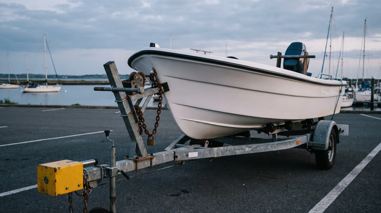 Gepflegtes Motorboot mit Kette am Trailer und Kastenschloss an der Kupplung auf einem Hafenparkplatz
