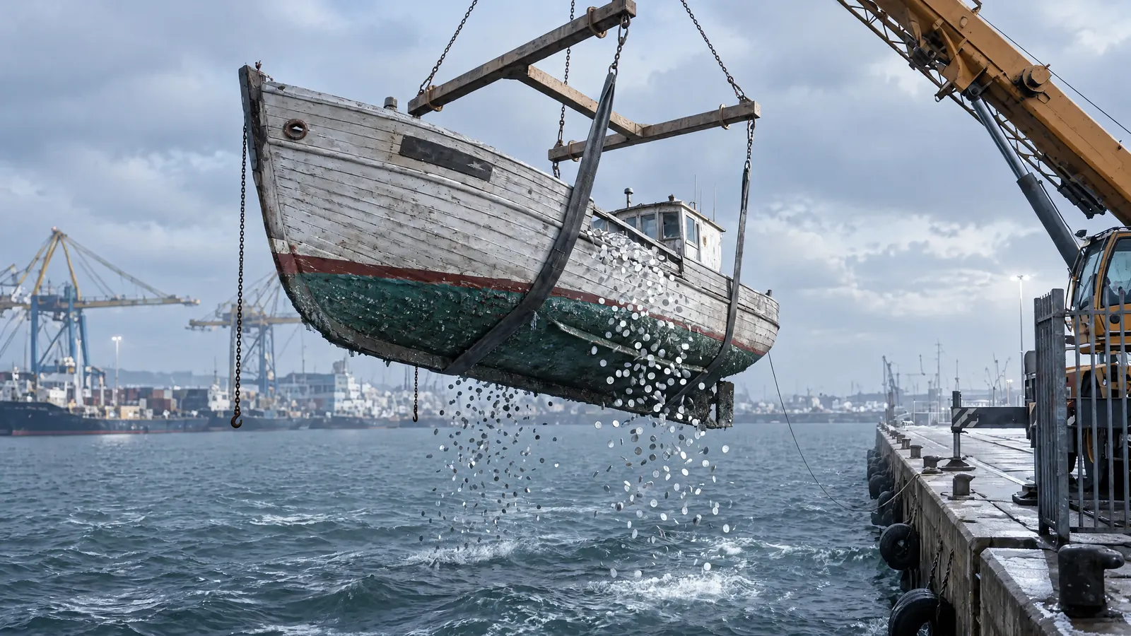 Ein Boot hängt in den Gurten eines Krans über dunklem Hafenwasser