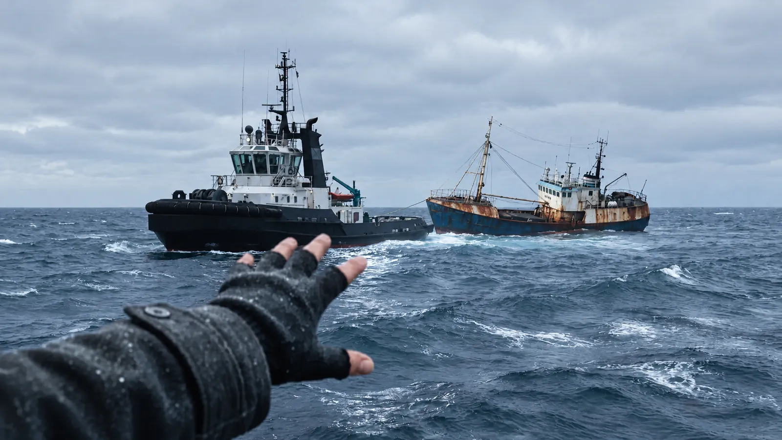 Ein Bergungsschlepper liegt bei Tageslicht neben einem halb gesunkenen Boot