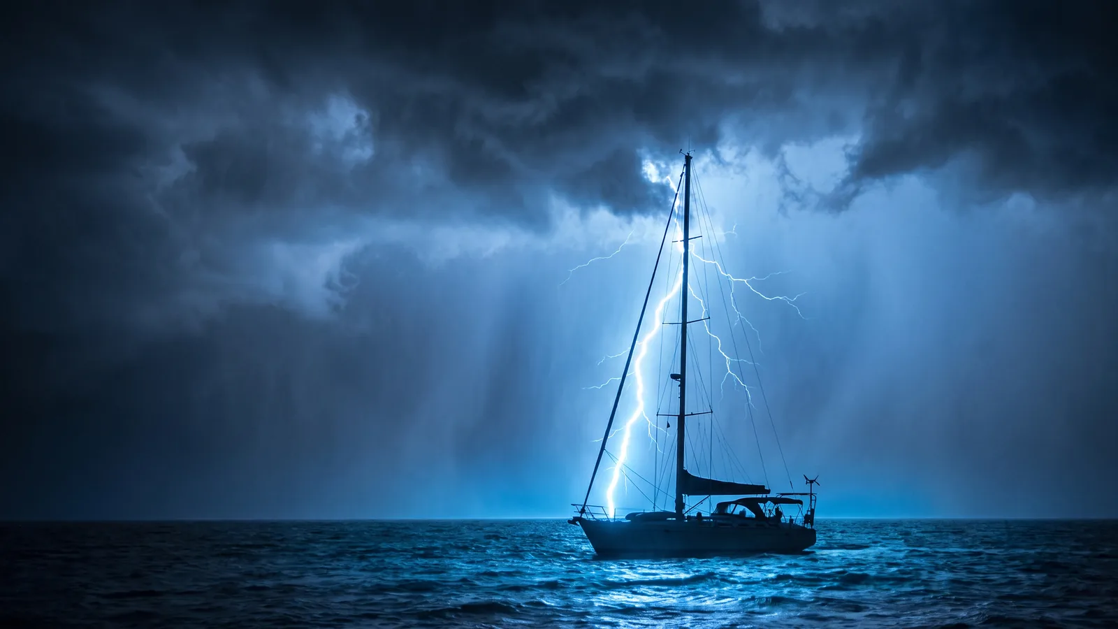 Ein Blitz schlägt hinter einer am Steg liegenden Segelyacht ein, der Mast im Gegenlicht