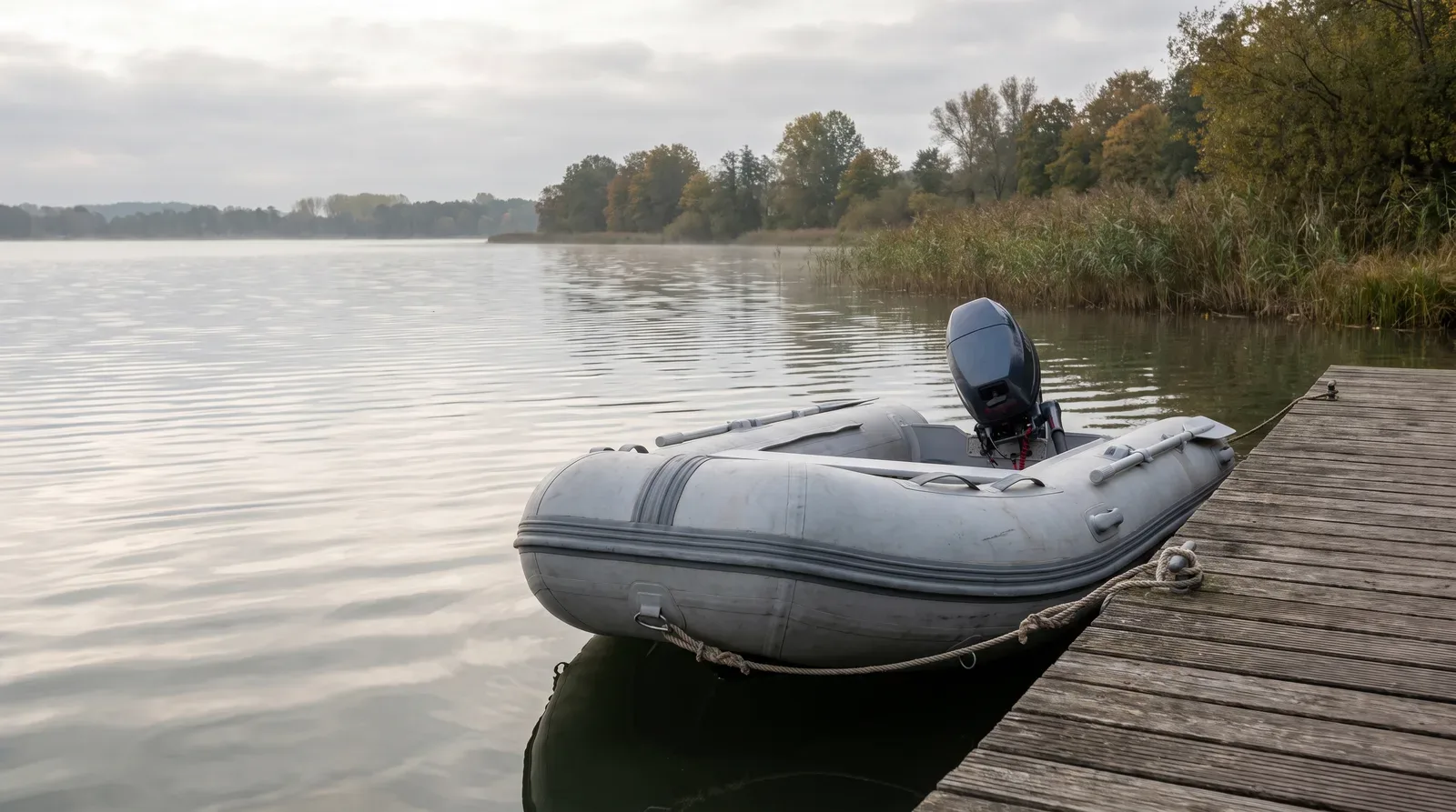 Graues Schlauchboot mit Außenborder liegt am Holzsteg eines stillen Sees, dahinter Schilf und herbstliche Bäume