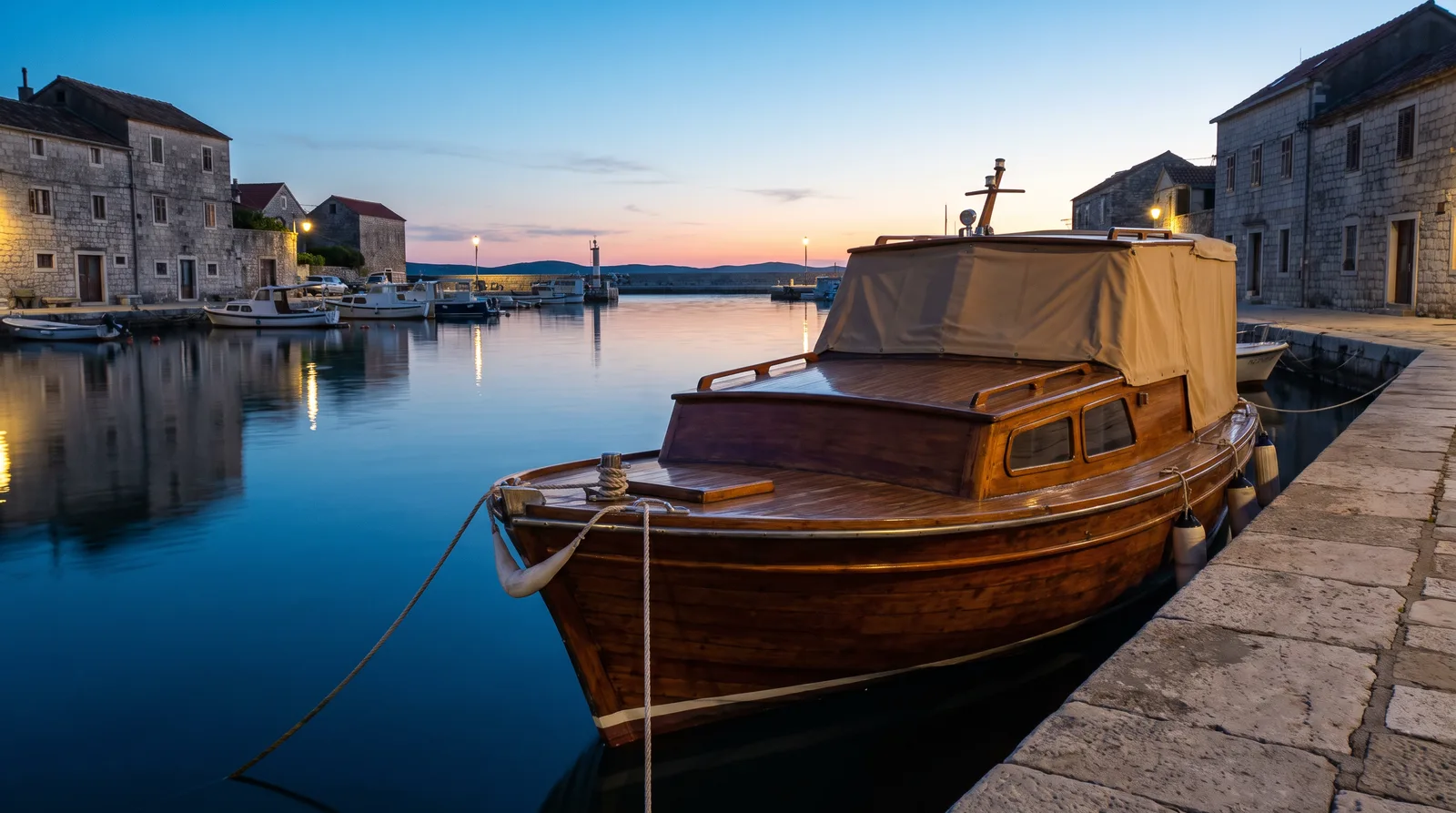Gepflegtes klassisches Holzmotorboot unter einer Persenning in einem ruhigen Hafen am Abend