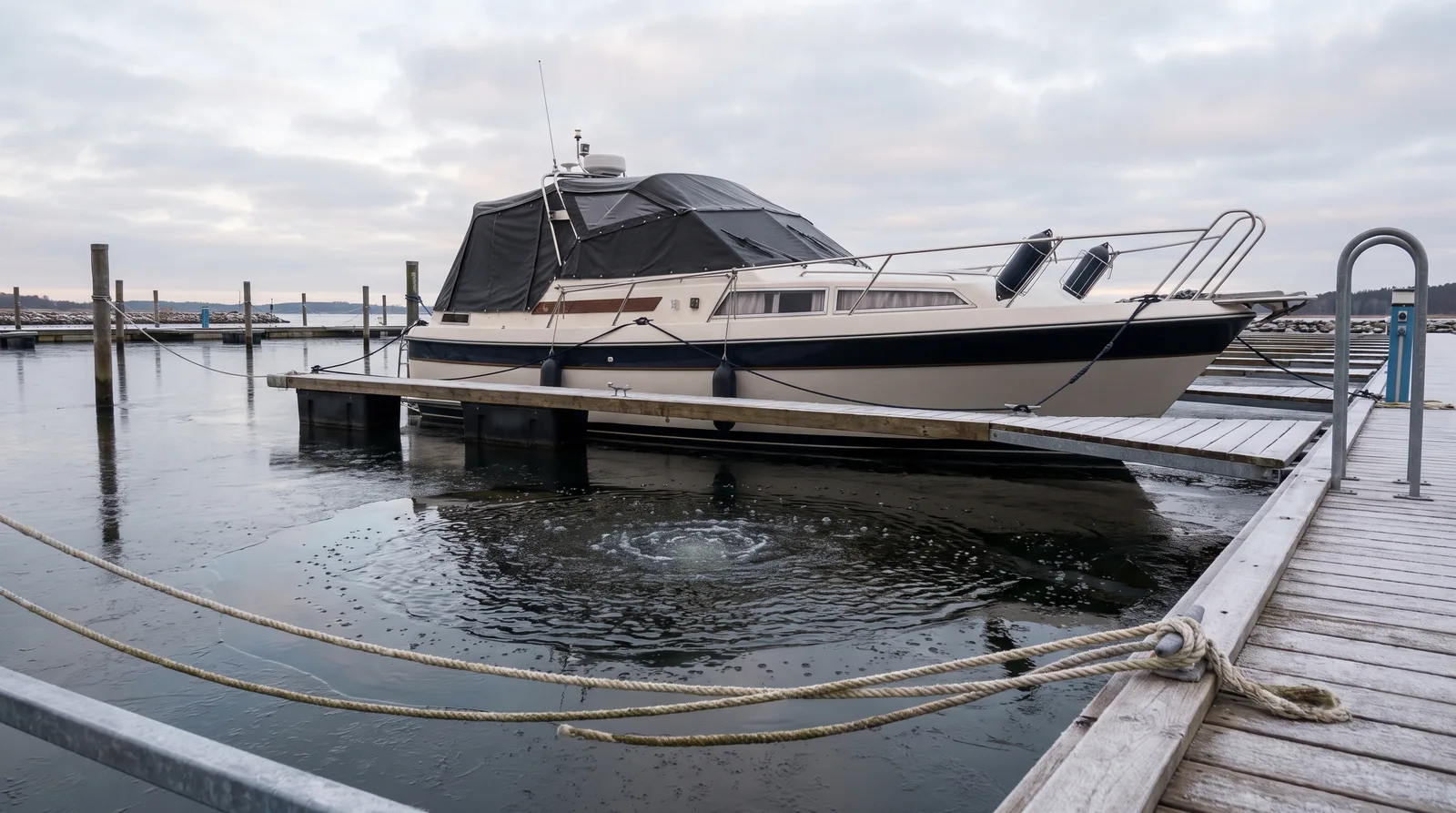 Motorboot mit Winterpersenning im Wasser einer Marina, rundherum dünnes Eis