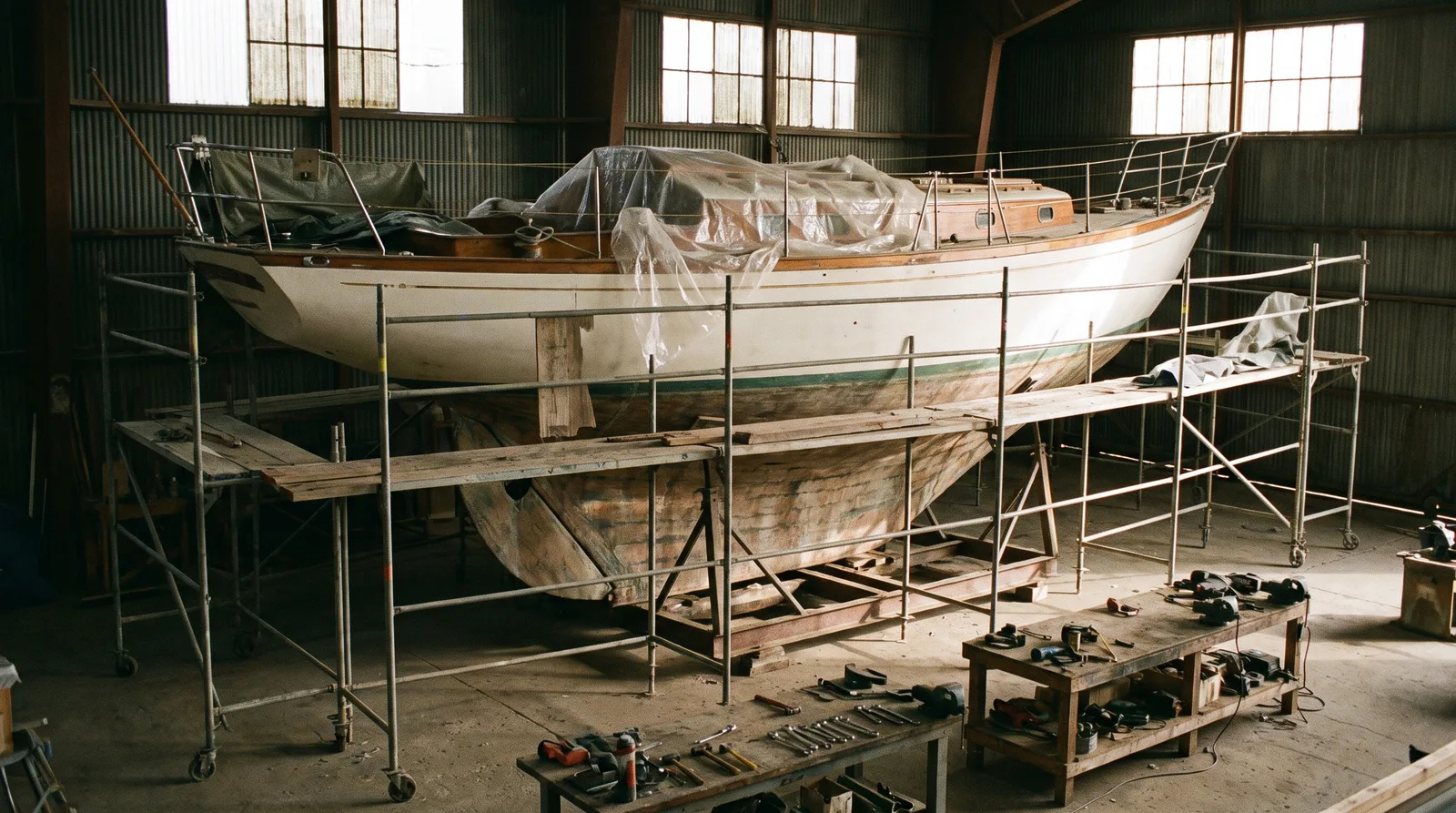 Segelyacht auf dem Bock in einer Werfthalle, eingerüstet für den Refit im Winter