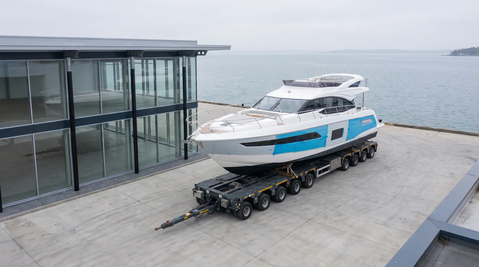 Neue Motoryacht auf einem Trailer vor einem Händlerbetrieb direkt am Wasser