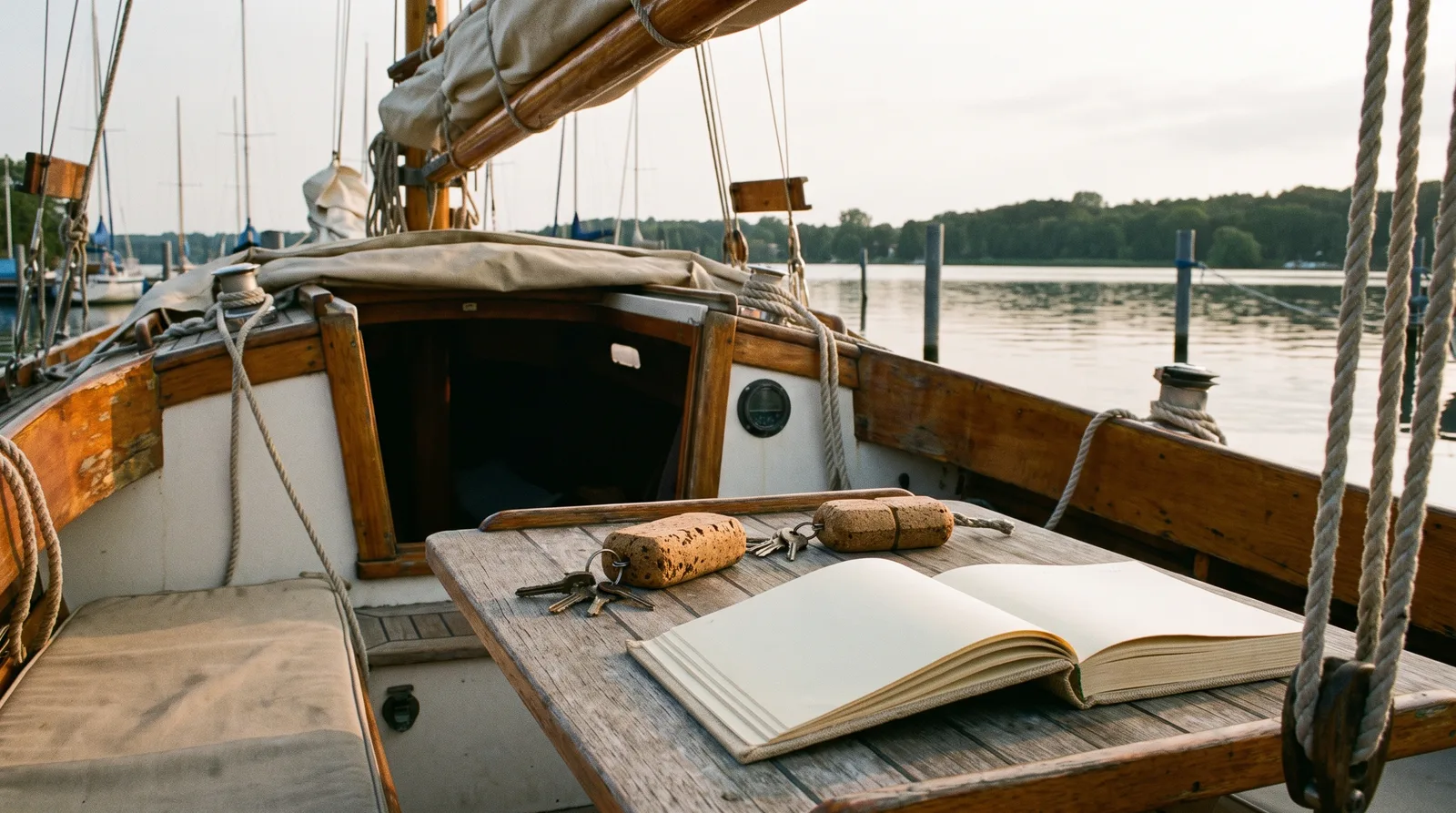 Segelyacht an einer Boje, auf dem Cockpittisch zwei Bootsschlüssel und das Logbuch
