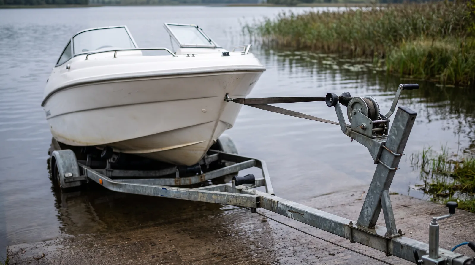 Motorboot auf einem halb eingetauchten Bootstrailer an einer nassen Slipanlage, seitlich von den Rollen verrutscht