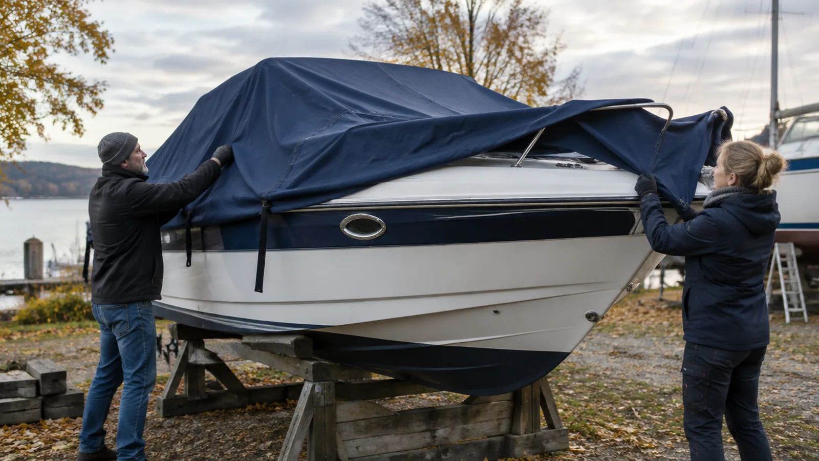 Zwei Personen ziehen an einem Herbsttag die Persenning über ein an Land stehendes Motorboot
