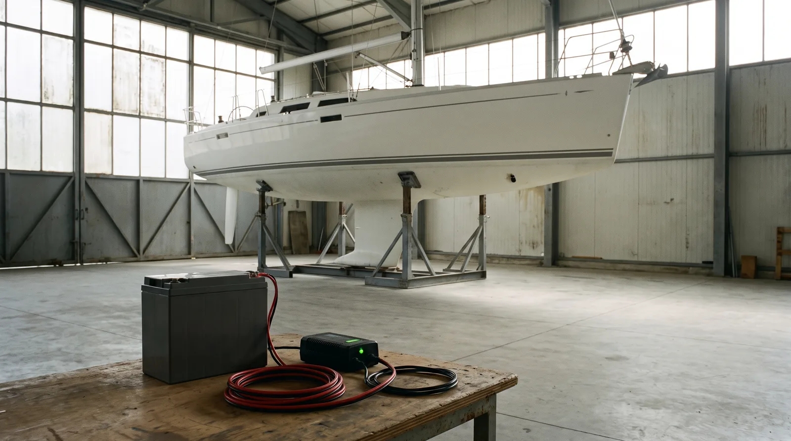 Batterie mit Ladegerät auf einer Werkbank in einer Lagerhalle, im Hintergrund eine aufgebockte Segelyacht