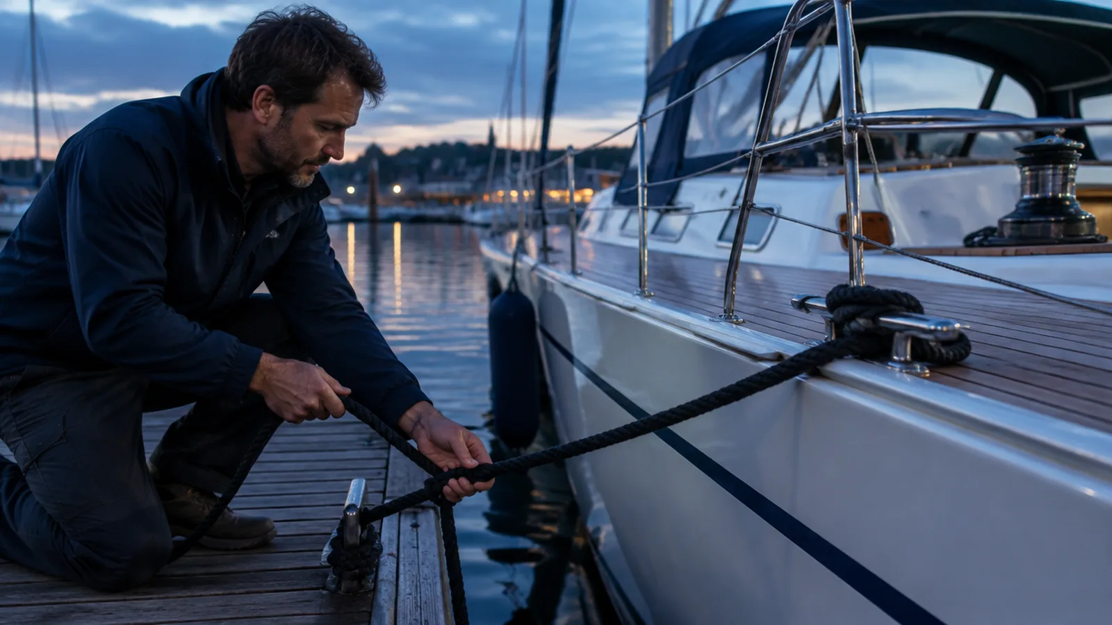 Am Steg zieht ein Bootsbetreuer die Festmacherleine einer Yacht nach und prüft die Fender