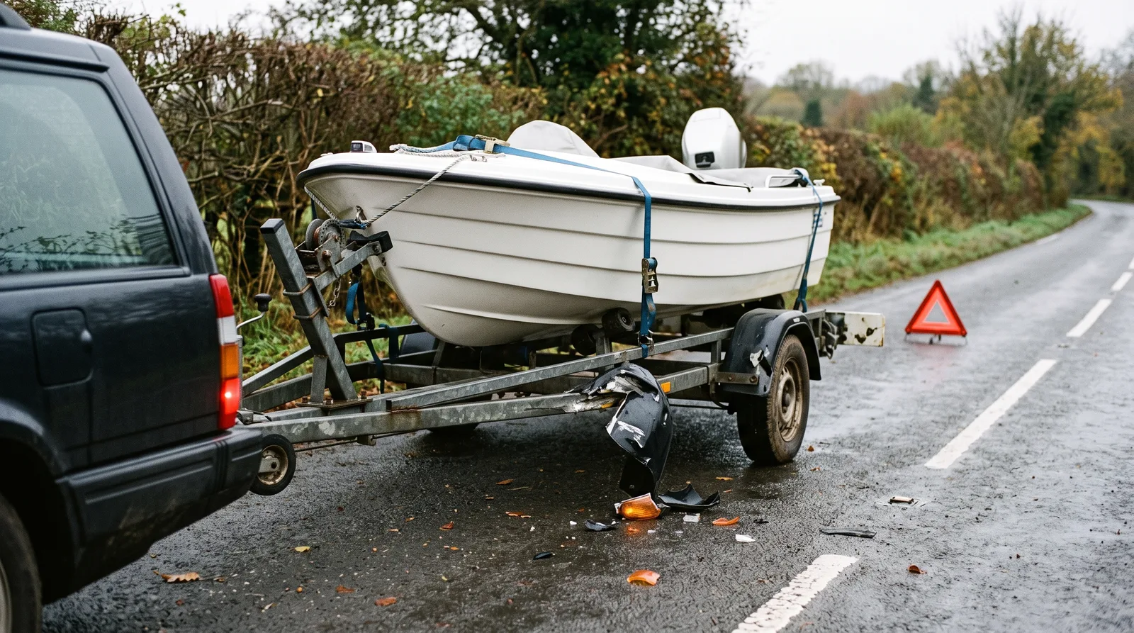 Motorboot auf einem Straßentrailer am Rand einer nassen Landstraße nach einem Unfall, Kotflügel abgerissen, Scherben der Leuchte auf dem Asphalt, Warndreieck