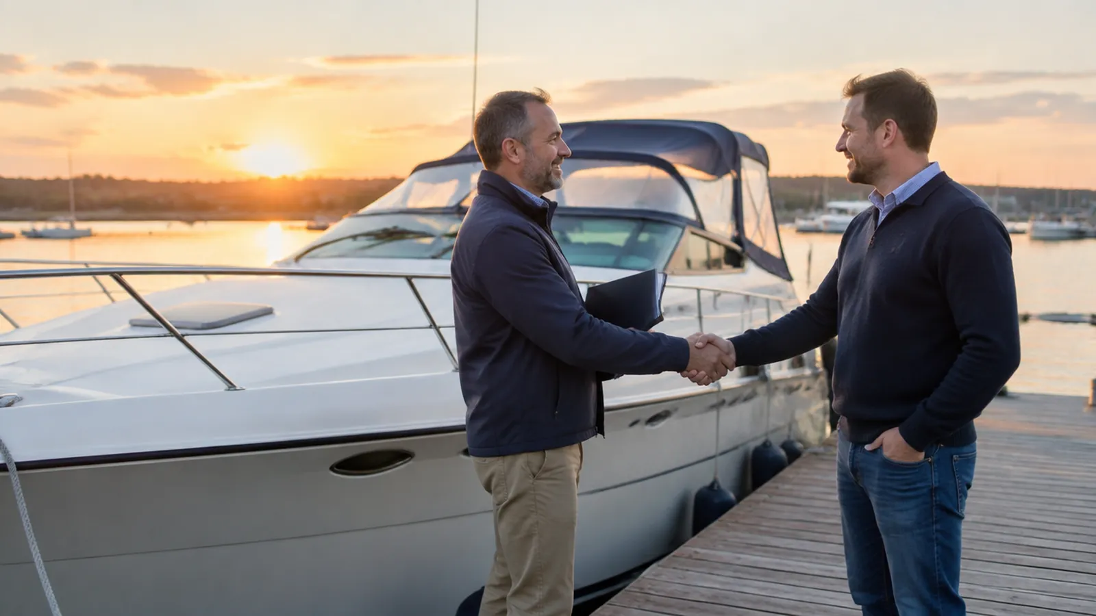 Zwei Menschen geben sich am Steg vor einem gebrauchten Motorboot die Hand, die Bootspapiere liegen in einer Mappe daneben